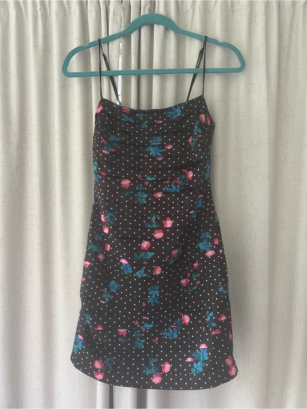 For Love & Lemons Black Floral Polka Dot Ruched Mini Dress Size Small